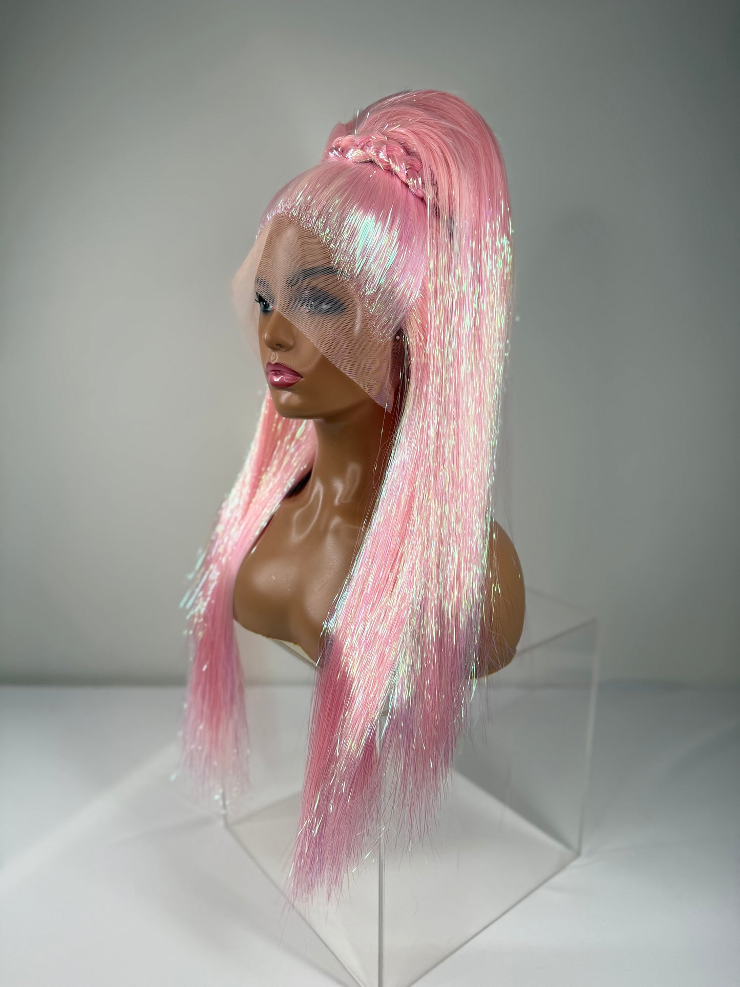 Pre-Styled Double Stacked Pastel Pink Tinsel Wig