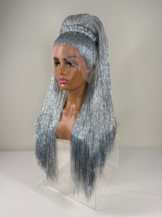 Pre-Styled Double Stacked Silver Sparkle Tinsel Wig