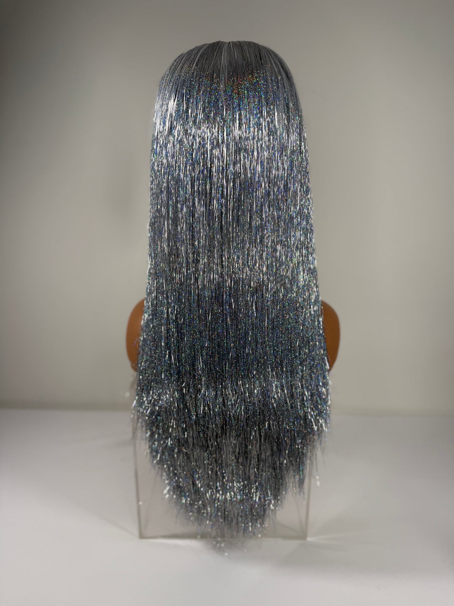 Pre-Styled Double Stacked Silver Sparkle Tinsel Wig